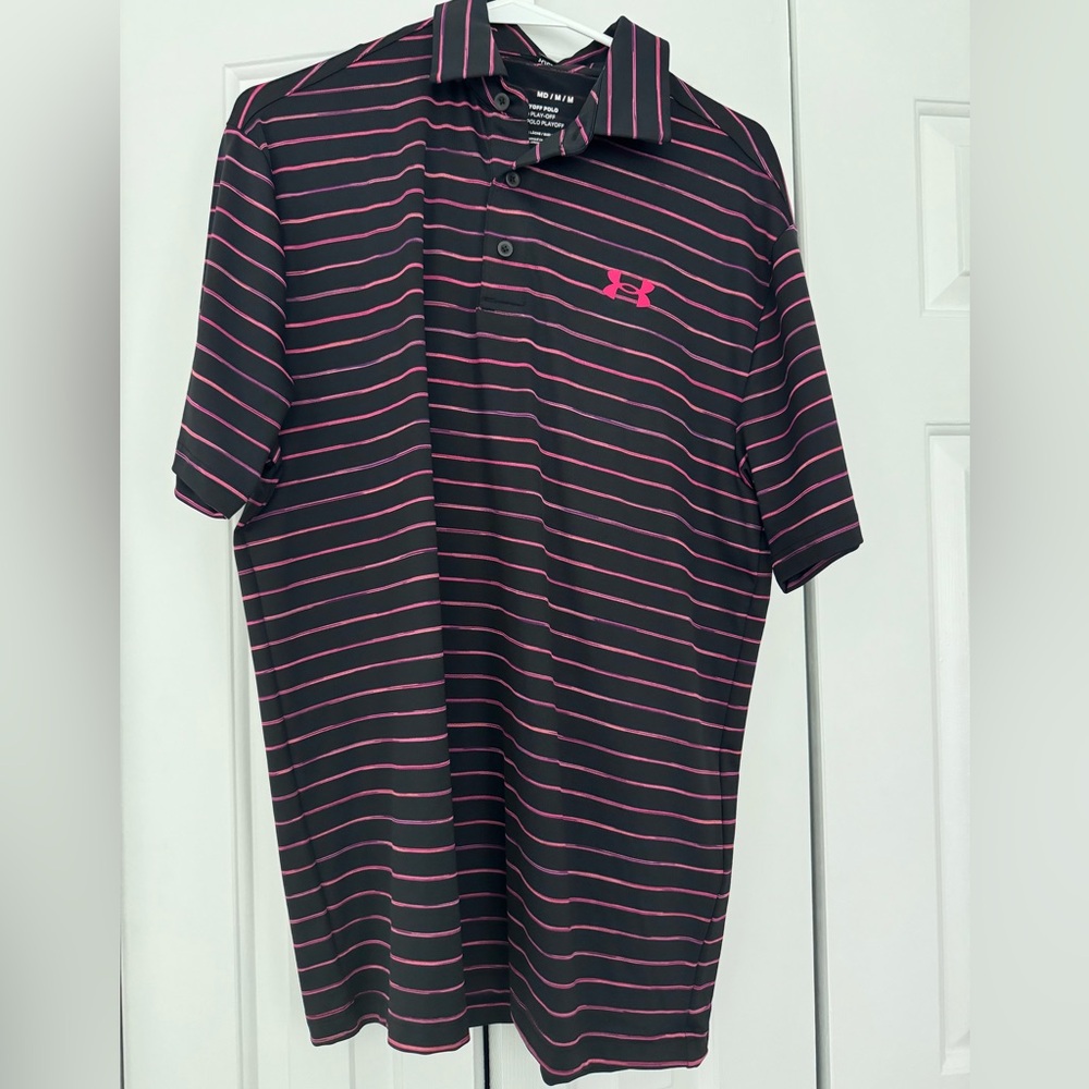 NWT Men’s Under Armour Black/Pink Striped Golf Polo size M